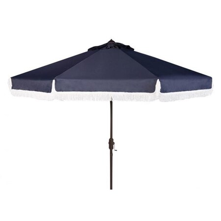 Safavieh 9 ft. Milan Fringe Crank Outdoor Push Button Tilt Umbrella; Navy & White PAT8008A